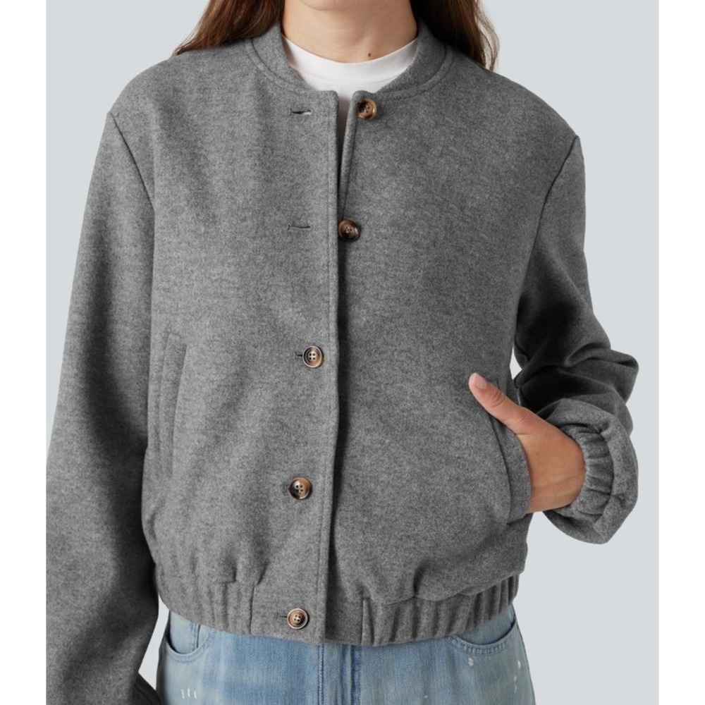Halara Grey Button Front Bomber Jacket Women's Size Medium Pleated Back Grey